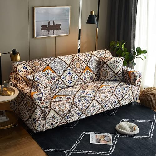 Couch Überzug 4 Sitzer Böhmisches Muster Sofabezug Spandex Jacquard Couchbezug Mit Elastischer,rutschfest,Abnehmbare Waschbar,Sofaschoner Für Hunde