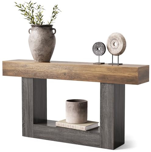 LITTLE TREE Konsolentisch, 160 cm lang, 2-stöckig, Bauernhaus-Sofatisch hinter der Couch, großer schmaler Eingangstisch für Wohnzimmer, Flur, Foyertisch aus Holz mit robuster Basis, rustikales Braun