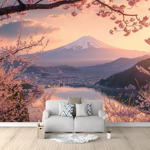 Papier Peint Panoramique Nature Fleurs De Cerisier Mont Fuji Décoration murale moderne 400 x 280 cm Poster Mural Papier Peints pour Salon Adulte et Enfant Chambre Rose Clair Papier Peint Intissé