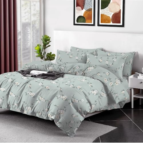 4PCS Double Duvet Cover Set 400TC Floral Fitted Sheet & 2 Pillowcases | 100% Egyptian Cotton 400TC breathable fabric, elegant floral print, hidden button closure and durable, easy-care design.
