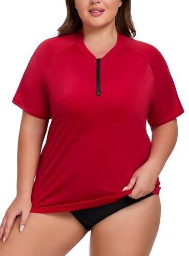 ForHailey Plus Size Rash Guard for Women Short Sleeve Swim Tops Uv Protection Sun Shirts 1/4 Zip Swimming Athletic Wear Wine Red XX-Large