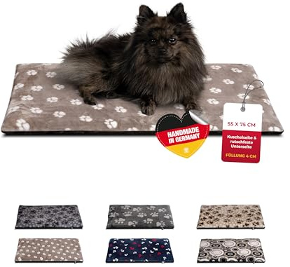 HS-Hundebett® Hundedecke S (55x75 cm) – rutschfest & gemütlich Dank 3 cm Füllung – Perfekt fürs Sofa, Auto & Hundebox – Tatze Beige, Made in DE