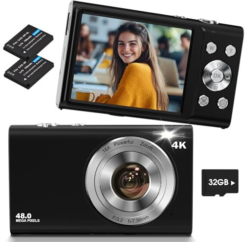 Appareil Photo Numérique 4K,Lecnippy 48MP Autofocus Camera Vlog with 32G Memory Card 16X Digital Zoom,Digital Camera with 2.8 inch Screen for Teenagers(Noir)