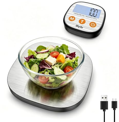 Diyife Balance de Cuisine Numérique Arrondie 15kg, Balance de Cuisine Divisée Haute Précision 1g, 7 Unités de Mesure, Avec Écran Magnétique LCD Séparé, USB-C Charge