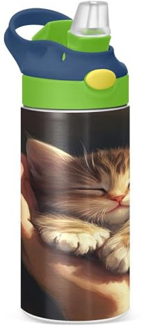 JUMBEAR Bouteille d'eau isotherme de 350 ml avec couvercle à paille - En acier inoxydable - Pour garçons et filles - Motif chat endormi