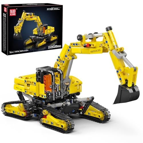 Mould King 17076 - Ensemble de construction technique - Pelle mécanique, modèle de bulldozer sur chenilles, camion à moteur haute technologie - Ensemble de briques de construction pour adultes