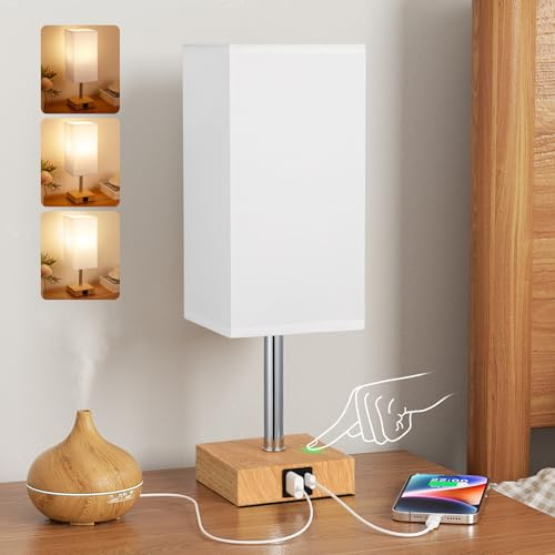 Aooshine White Bedside Lamp, Table Lamps for Bedroom with Square Fabric Shade(Bulb Included)