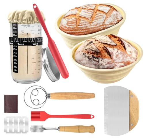 Kazaigou Sourdough Starter Kit, 24cm Round & 26cm Oval Silicone Bread Proofing Basket, 730ml Starter Jar, Bread Sling, Lame, Danish Dough Whisk, Ideal for Home Bakers, Baking Enthusiasts and Beginners