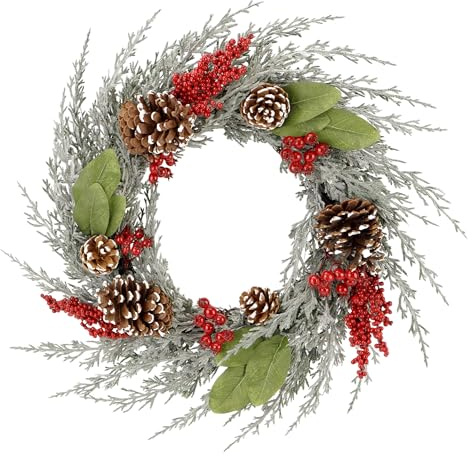 Zavothy Couronne de porte de Noël 50 cm - Couronne de Noël artificielle avec pommes de pin et boules de Noël - Couronne de l'Avent - Décoration de Noël - Décoration de porte d'entrée - Selady et rouge