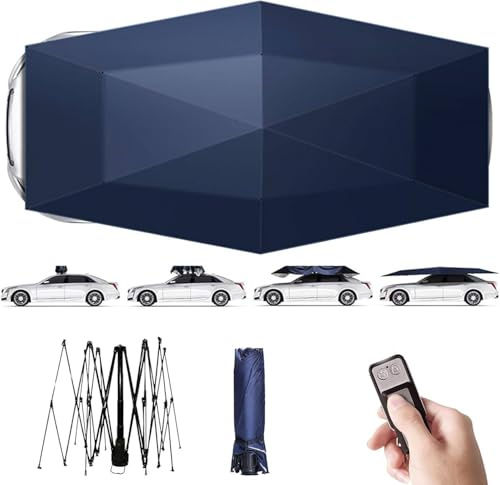 FJYAWEN Auvent De Voiture, Abri De Voiture Mobile, Pliable Et Entièrement Automatique, avec Télécommande, Pare-Soleil Portable pour Parkings en Plein Air Et Auto-écoles,Blue-4.5m