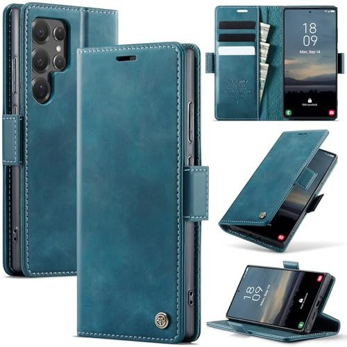 Cracedily Handyhülle für Samsung Galaxy S22 Ultra Hülle Premium PU Leder Klappbar Stoßfeste Tasche Flip Case RFID Blocker Magnet Kartenfach Standfunktion Klapphülle Schutzhülle für S22 Ultra, Blaugrün