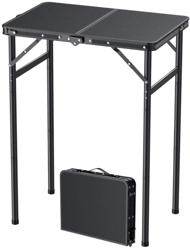 Funykich Campingbord fällbord 58 x 40 cm, fällbart grillbord med 3 höjder justerbart (27/51/75 cm), aluminium, bärbart vikbord, MDF-plattor, multifunktionsbord för picknick, camping, balkong – svart