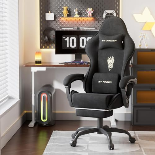 WoRaum Sedia da Gaming, Sedia da Ufficio Girevole con Supporto Lombare e Testa Regolabile, Braccioli e Poggiapiedi, Rivestimento in Tessuto Traspirante per PC Racing (Nero)