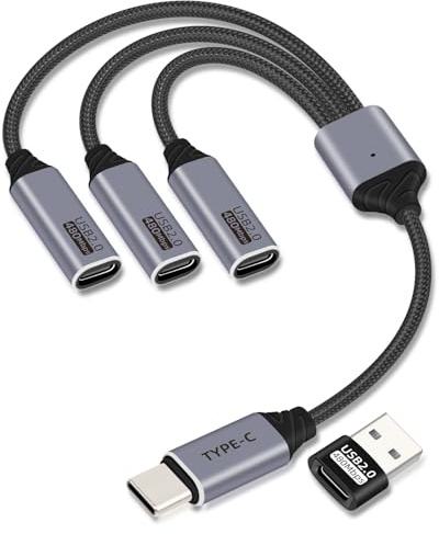 YANBORONSN USB C Splitter 3 Port 1 Stecker auf 3 Buchse, 1 in 3 Ausgang USB C Extender Hub Daten und Stromversorgungs Ladekabel USB 2.0 Verlängerungskabel für Auto, Laptop, Tastatur, Maus (25 cm)