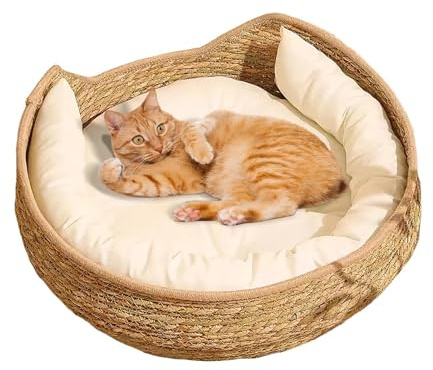 Katzenbett – Baumwoll-Katzenbett für Indoor-Katzen, Katzendecke, Welpenbetten, gewebtes Kätzchennest mit weichem Kissen und Kissen, ganzjährig gewebt, Haustierschlafen, Ruhen, Kratzmöbel für Hunde