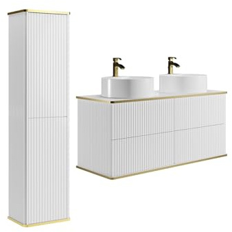 Vente-unique-Mobile bagno sospeso con scanalature con doppio lavabo d'appoggio tondo e colonna - Bianco - 120 cm - KELIZA
