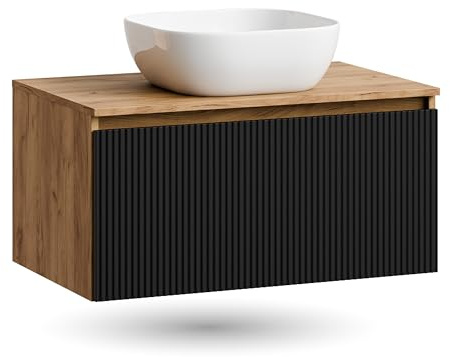 Planetmöbel - Set di mobili da bagno, armadietto sottolavabo da 80 cm, in rovere Arisa, nero (con nervature), lavabo da 42 cm bianco, incluso sifone salvaspazio