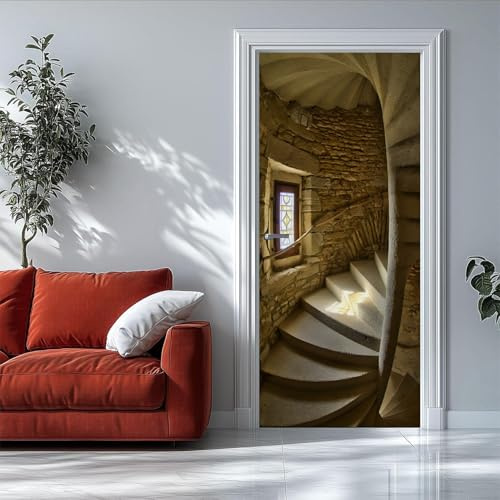Selbstklebender Türaufkleber 100x200 cm – 3D Türtapete Wendeltreppe Mittelalterlicher Stil – Seide Türposter für Wohnzimmer Schlafzimmer Kinderzimmer Tür Dekoration