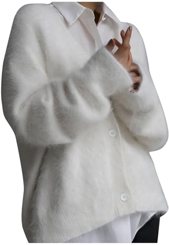 Generisk damtröja fluffig, mohair, knapprad, V-hals, långärmad, stickad topp, avslappnad, lätt, kofta, jackor, koftor för kvinnor, Vit, XL