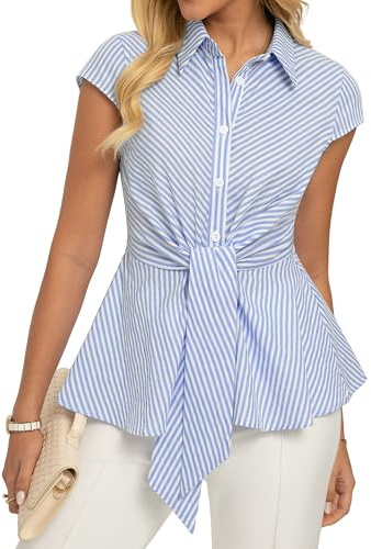 GRACE KARIN Blusa a rayas para mujer, de algodón peplum, elegante, informal, para oficina, trabajo, con lazo frontal, manga casquillo, túnica