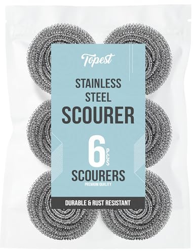 Topest Stainless Steel Scourer | 6 Pack | Muti-Purpose Dish Washing Up Pot Scrubber | Heavy Duty Sponge Spiral Scourer | For Pans, Pts, Cookware, Kitchen, Grills Etc.