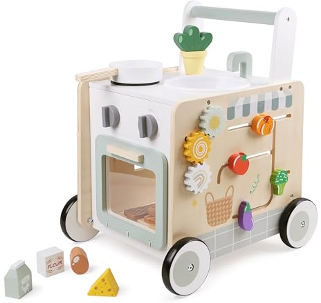 Bayer Chic 2000 Lauflernwagen Holz | 2in1 Activity-Walker mit Spielküche | Stabiler Holz-Lauflernwagen mit integrierter Kinderküche & Motorikspielzeug. Bunter Activity-Walker für erste Schritte.