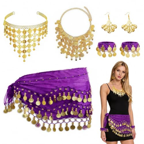 FuYelng Bauchtanz Accessoires Damen Hüfttuch Kopfschmuck Schmuck | Bauchtanz Kostüm Damen mit Goldmünzen Exquisit Wahrsagerin Kostüm, für Bauchtänzerin Show Party Feier Studium