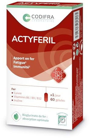 Codifra - Actyferil, Complément Alimentaire - Apport en Fer et Fatigue - Cuivre, Vitamines, Inuline - Fabrication Française, Origine Végétale - 60 Gélules
