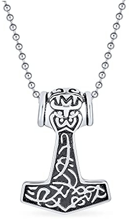 Bling Jewelry Amuleto de Protección Nudo Celta Antiguo Martillo de Thor Vikingo Nórdico Colgante Collar para Hombres Mujeres Tono Plata Oxidada Acero Inoxidable con Cadena de Cuentas