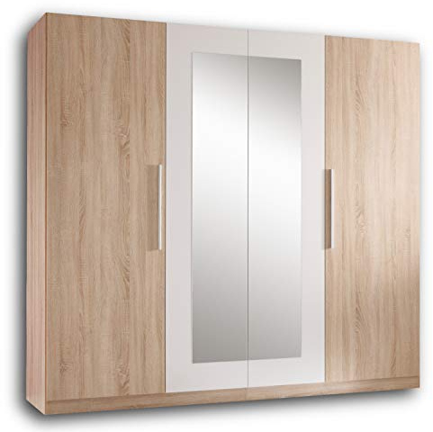 Stella Trading, Martina, Armadio sobrio a 4 ante, versatile, ante battenti con due specchi in effetto rovere sonoma, bianco, 228 x 213 x 59 cm (larghezza x altezza x profondità)