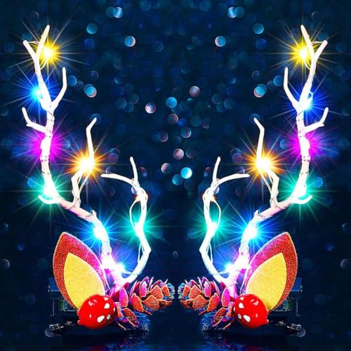 Zoestar Weihnachtliche LED-Haarspangen mit leichtem Geweih, glitzernd, für Neujahr, Haarspangen, Kopfschmuck, Festival, Haar-Accessoires für Frauen und Mädchen (2 Stück) (Bunt)