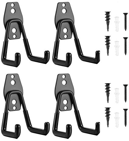 4 PCS Garage Hooks, Ladder Hooks Hanger, Double Hooks Heavy Duty Iron Wall Mount Tool Holder for Home Chair Ladder, Organizing Power Tools