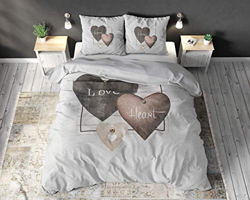 Sleeptime Bettwäsche 100% Baumwolle Liebesherzen, 240 x 220cm, + 60 x 70cm, Grau