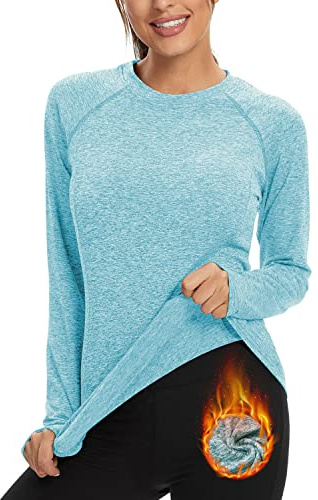 Soneven Sportshirt Damen Langarm Atmungsaktiv Funktionsshirt Damen Langarm Laufshirt Fleece Thermo Laufshirt Langarmshirts Pullover mit Daumenlöche Running Longsleeve Sportoberteile Herbst Blau L