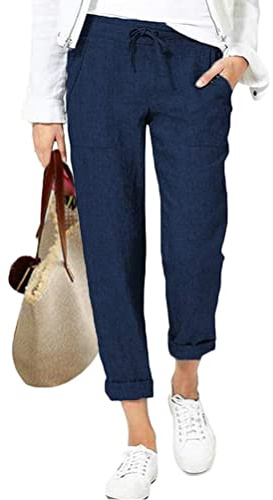 ORANDESIGNE Pantalon Été Femme Coton Lin Harem Pantalons Taille Elastique Pants 7/8 Solide Couleur Léger Cordon Sport Pants de Plage avec Poche A Bleu Foncé L