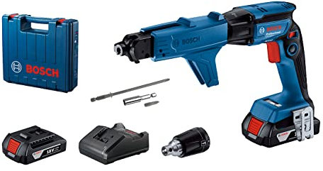 Bosch Professional Sistema 18V: GTB 185-LI Destornillador inalámbrico para montaje en paneles de yeso (2 baterías GBA 18V 2.0Ah, cargador GAL 18V-20, 1 clip para cinturón, 2 insertos de destornillador