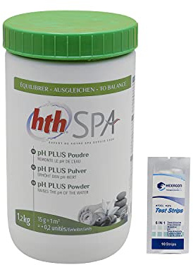 HTH Spa pH Plus Poudre - 1,2kg | Correcteur de pH Solide - Augmente Le pH - Dissolution Rapide + 10 Tests HPS OFFERTS 6 en 1