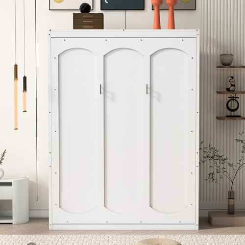 Merax Full Size Murphy Bed, Wood Full Murphy Cabinet Bed with Shelves, for Home Office or Small Room, White