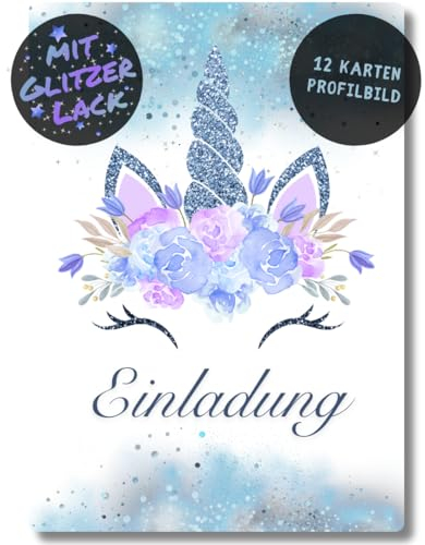 celebr8te 12x Einhorn Glitzer Einladungskarten in blau - Für den Kindergeburtstag von Mädchen - Einhorn Geburtstagseinladungen inkl. Messenger Bild & Urlaubsgutschein