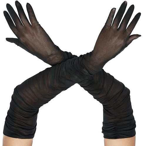 Spooktacular Creations Halloween-Handschuhe aus schwarzem Netzstoff, lange Handschuhe für erwachsene Frauen, schwarze, durchsichtige lange Opernhandschuhe für Halloween-Kostüme, Tanzpartys