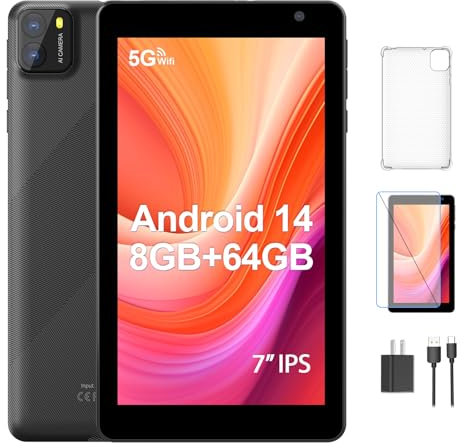 BAKEN Tablet Android 13 de 7 pulgadas, 4 GB + 32 GB de memoria, WiFi 5G, procesador de cuatro núcleos, doble cámara, Bluetooth, pantalla IPS (negro)