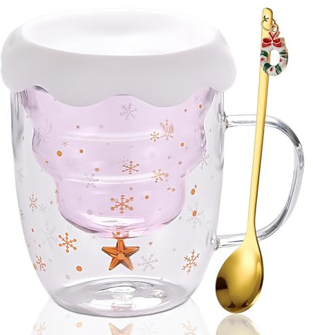 Jinlaili tazas lindo de Navidad Taza, Taza para árbol de Navidad, Taza de Té Taza de Leche Vasos de los Vidrios de Doble Pared, Taza de Espresso Tazas de Navidad para Mujeres,Hombres,Niño,Oficina (B)