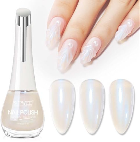 SUPWEE Pearl Effect Nagellack - 16ML Weiß Pearlescent Nagellack Schimmer Aurora Glizter Schnelltrocknend High Shine Nail Polish Oil Based Ohne UV Lampe