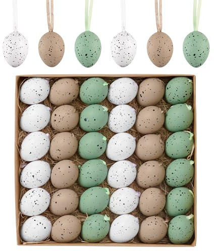 Valery Madelyn 36er Ostereier zum Aufhängen für Osterdeko,4cm Nature künstliche mini Ostereier für Ostern Deko,Grün Braun Ornament für Osterkörbchen Frühlingsdeko,Ostern Geschenke Kinder
