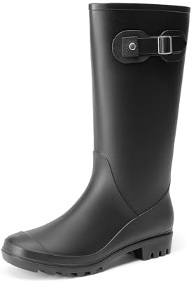 DREAM PAIRS Stivali da Pioggia da Donna Alti Fino al Ginocchio da Donna con Fibbia Laterale Wellington Stivali di Gomma,Size 42,Nero,DWEMRB2503