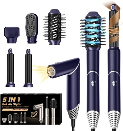UKLISS Airstyler 5 i 1 Jonisk Hårfön [60,000 RPM] Hårstyler med Air Curling Iron Hårstyler Varmluftsborste 5 i 1 Hårfönset Stylingborstar Tillbehörsset Presenter för Kvinnor, Blå