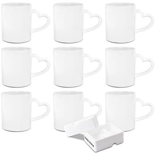 SUBLOVER Tazas Kaffeetassen mit Sublimationsdruck, 325ml 9er-Set Sublimation Tassen Sublimationsbecher Weiß Keramiktasse,11 Unzen Tasse Sublimation mit Herz-Griff