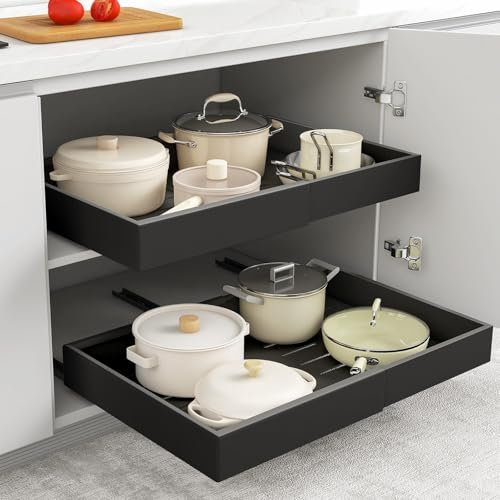 M.J COMFY-LIFE 2 Pack Pull Out Cabinet Organizer - Heavy Duty Slide Out Drawers for Kitchen & Bathroom | Adjustable Width 31.5-52cm | No Drill Installation | 3-Rail System | 34kg Capacity