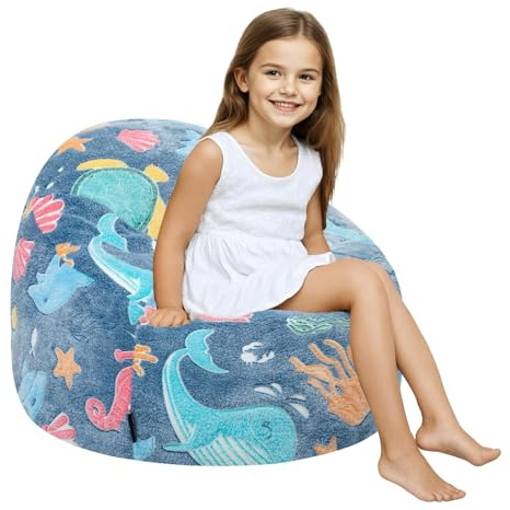 MeMoreCool Kids Bean Bag Chair, Toddler Beanbag Sofa with Filling, Baby Bean Chair for Girls Boys Reading, Bedroom Furniture for Children, 70 x 70 x 52cm, Ocean