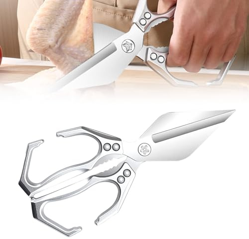 Küchenschere, 2025 Neu Haushaltsschere Geflügelschere aus Edelstahl, Strapazierfähig Fleischschere Allzweckschere Robuste Scher für Fleisch, Huhn, Knochen, Geflügel (Silber)
